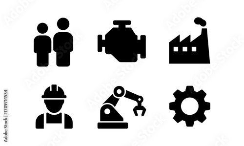 Industrial icon set: silhouette symbols of engineering and manufacturing