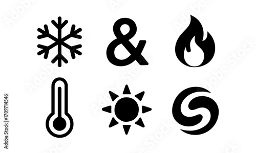 Minimalist icons representing elements of winter, summer and more in classic black style