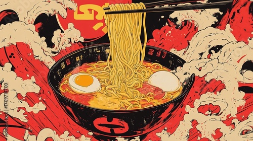 A vibrant illustration of a steaming bowl of ramen with eggs, set against a dynamic backdrop of waves and bold colors, capturing the essence of Japanese cuisine.