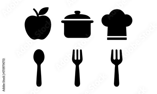 Kitchen utensils and food icons silhouette collection