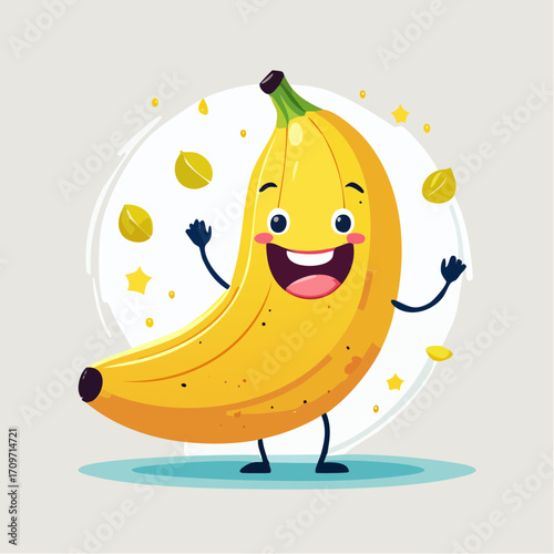 A joyful cartoon banana character with a wide smile, arms raised in excitement, surrounded by small yellow fruit accents and subtle glowing star shapes on a light grey background