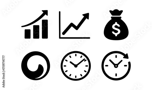 Minimalist business and finance icons: graphs, currency, time management