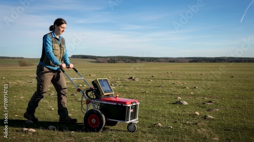 Woman operating a ground penetrating radar system in a field. Geophysics exploration and archaeological survey concept footage.