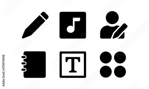 Minimalist icon set: writing, music, profile, notebook, text, grid