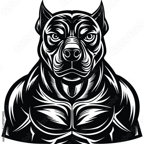 A bold, black and white illustration of a muscular pit bull's head and torso. The style is graphic and detailed, with strong lines and high contrast that emphasize the dog's defined muscles.