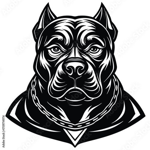 A bold black‑and‑white illustration of a cropped‑ear pit bull–type dog with a stern expression, strong facial lines, and a thick chain collar, drawn in a dramatic, high‑contrast style.