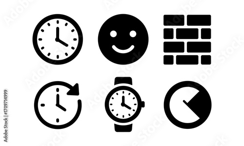 Minimalist icon set featuring clocks, smiley face, and brick wall patterns