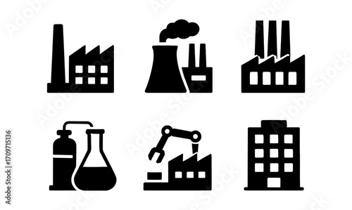Industrial factory icons: collection of silhouette industry buildings and equipment