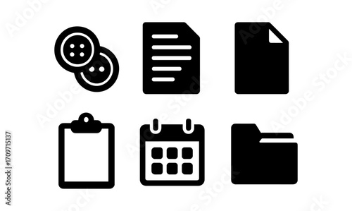 Minimalist office icon set with buttons, documents, and calendar designs