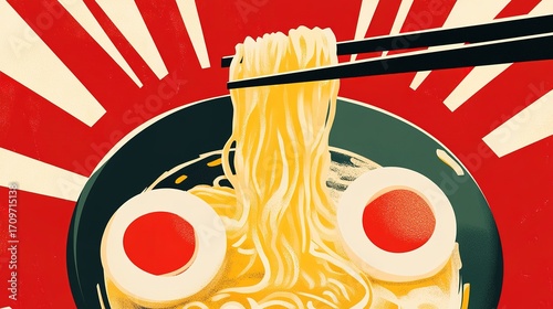 A vibrant illustration of ramen noodles being lifted with chopsticks, featuring a bold red background and soft-boiled eggs.