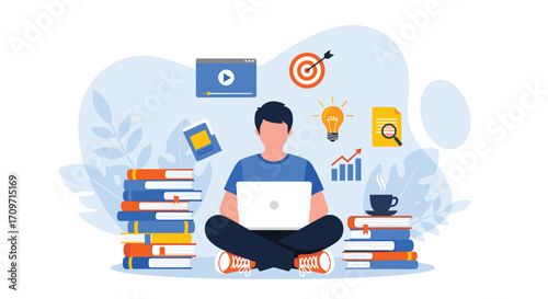 Student studying with laptop surrounded by books and educational icons for online learning