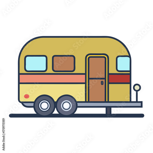 Retro yellow camper trailer with stripes and windows