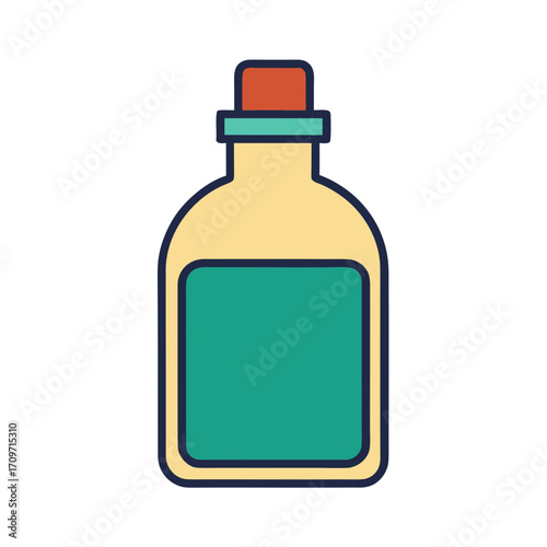 Stylized illustration of a yellow potion bottle with a teal label