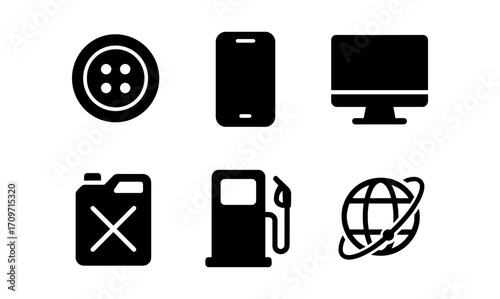 Simple silhouette icons for digital, fuel, and global connectivity