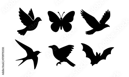 Silhouette of various flying creatures: birds, butterfly, and bat in flight