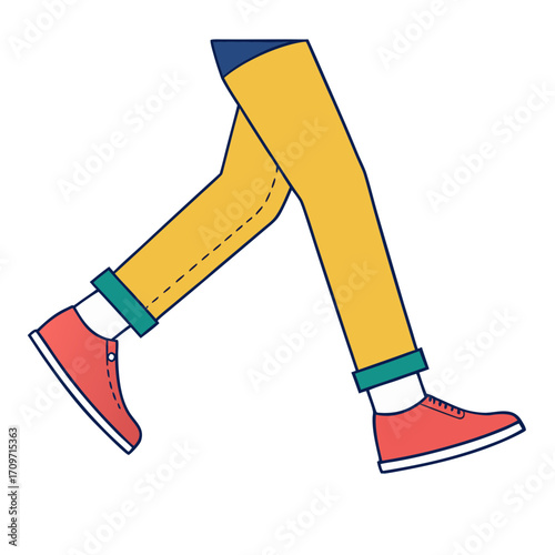 Stylized illustration of legs walking in yellow pants and red sneakers
