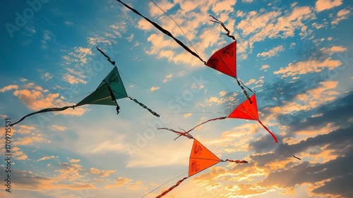 Colorful kites soaring high above vibrant sky on holiday composition