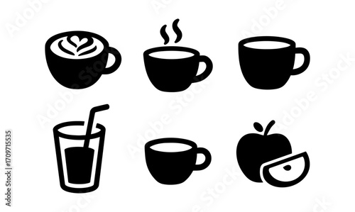 Simple icons of coffee, drinks, and fruits in silhouette style