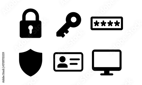 Cyber security elements: lock, key, password, shield, id, monitor icons