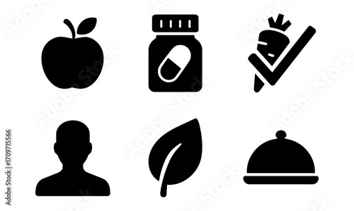Healthy living icons: nutrition and wellness symbols in bold silhouette style