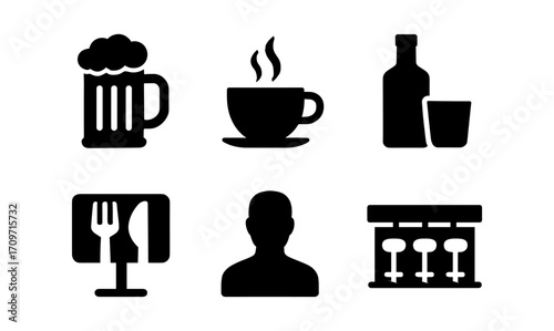Silhouette icons of drinks and dining: beer, coffee, wine, cutlery, profile, bar