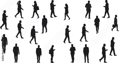 Silhouette of business people walking, group of professionals commuting, urban crowd on white background, corporate lifestyle, modern workforce diversity