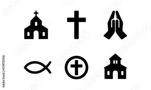 Silhouette religious symbols set with church, cross, and faith elements