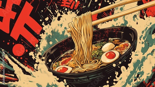 A vibrant illustration of a bowl of ramen with noodles and toppings, splashed with color and dynamic motion, showcasing the delicious appeal of this popular dish.