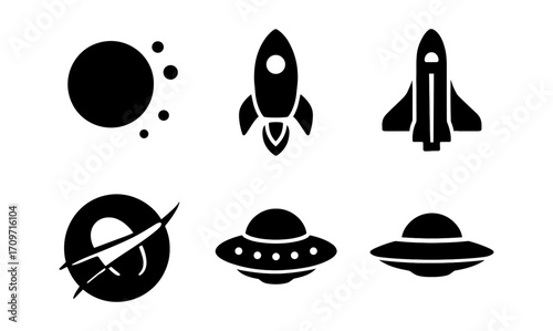 Space icons collection: rocket, ufo, and planet silhouettes for design projects