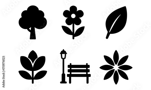 Green nature icons set featuring trees, flowers, and park elements
