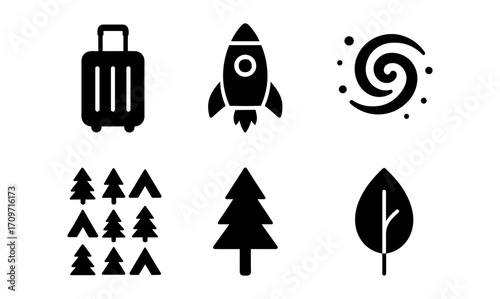 Black silhouette icons of travel, space, nature, and adventure in minimalist style