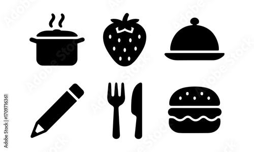 Silhouette icons of cooking utensils, food, and writing tools