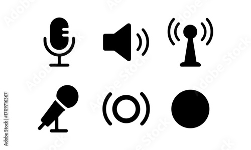 Audio and broadcast icons in minimalistic silhouette design