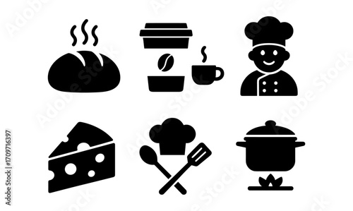 Culinary icons set: silhouette chef, bakery, coffee, cheese, utensils, cooking pot