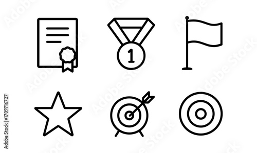Outline icons of achievement: certificate, medal, flag, star, target and bullseye