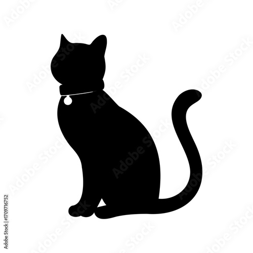 Elegant black cat silhouette with collar and bell sitting calmly, isolated