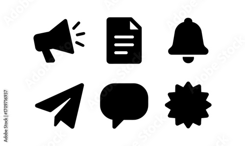Communication and notification icons set in solid silhouette style