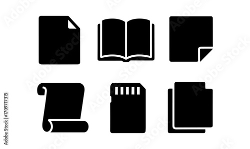 Silhouette icons of documents and storage: book, file, scroll, chip