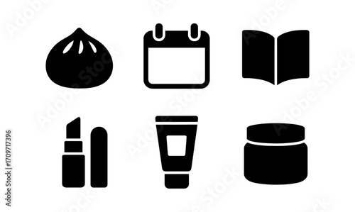 Essential silhouette icons for food, beauty, and office themes