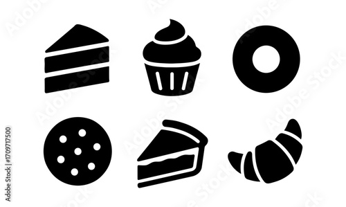 Silhouette sweet treat icons: cake, cupcake, donut, cookie, pie, croissant