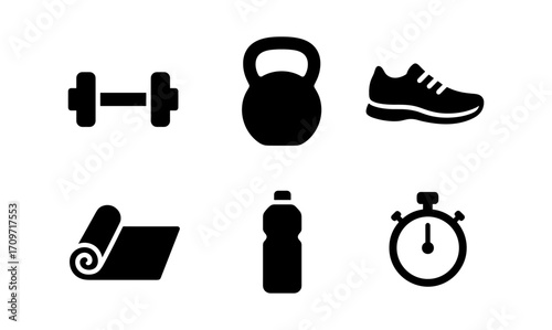 Fitness icons set: dumbbell, kettlebell, sneakers, yoga mat, water bottle, stopwatch