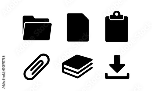 Office icons set: folders, documents, and more in silhouette style
