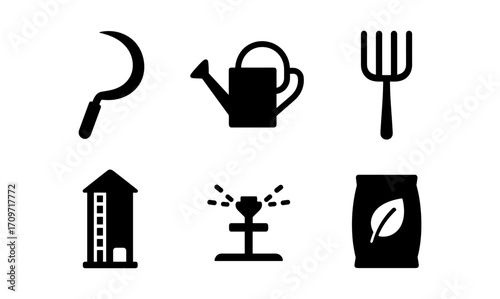 Set of farming tool icons: sickle, watering can, pitchfork, silo, sprinkler, seed bag