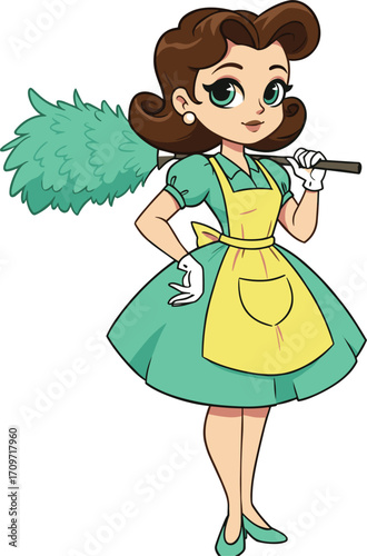 Vintage maid illustration, retro housekeeper character, cartoon cleaning woman, domestic worker art, feather duster, classic uniform, nostalgic retro style design