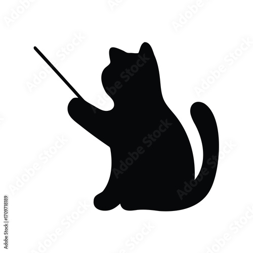 Black silhouette of a cat playing with a pointer or stick on white