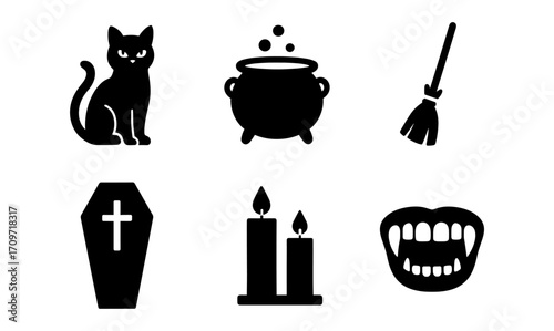 Halloween icons set with cat, cauldron, broom, and more in silhouette style