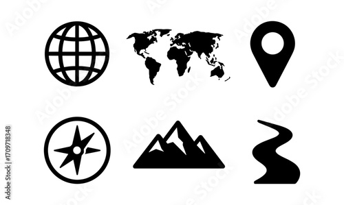 Minimalist travel and navigation icons set featuring globe, map, and compass