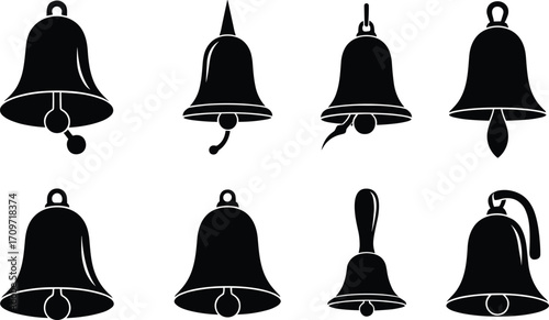 bell, silhouette, icon, chime, ring, handle, clapper, vector, black, white, design, art, symbol, illustration, decor, festive, holiday, sound, shape, set