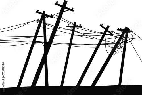 Leaning utility poles, damaged power lines, tangled electrical wires, infrastructure failure, storm damage, dangerous tilt, unstable structure, rural road hazard, electricity outage,