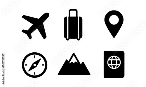 Travel icons: airplane, luggage, location, compass, mountains, passport